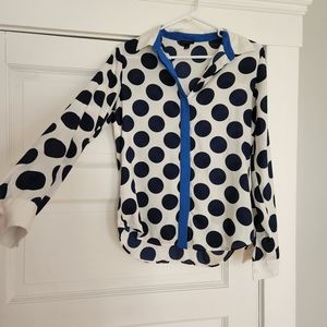 Ann Taylor preppy navy blue white polka dots blouse size S